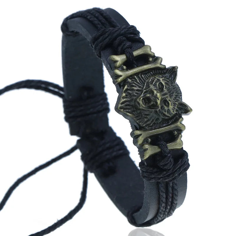 Viking Wolf Head Braided Leather Bracelet – Adjustable Unisex Charm Bracelet PLUSH Black