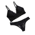 V-Neck Lace Floral Padded Bra & Thong Set – Women's Lingerie Lace Lingerie Set PLUSH Black L 55-75kg