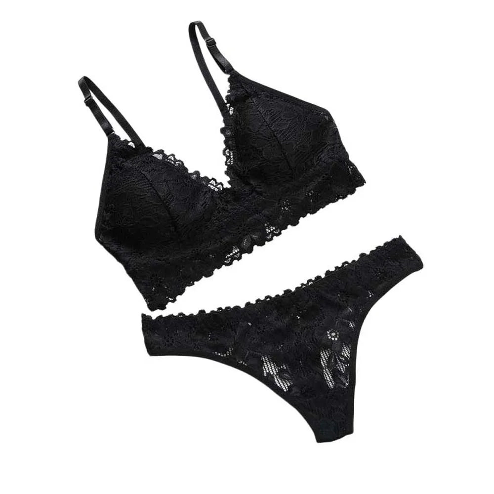 V-Neck Lace Floral Padded Bra & Thong Set – Women's Lingerie Lace Lingerie Set PLUSH Black L 55-75kg