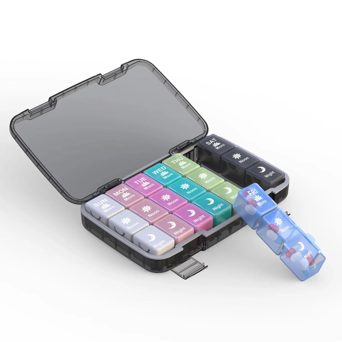 Weekly Pill Organizer 4x Daily – 7-Day Travel Pill Case Pill Organizer Case PLUSH Colorful A
