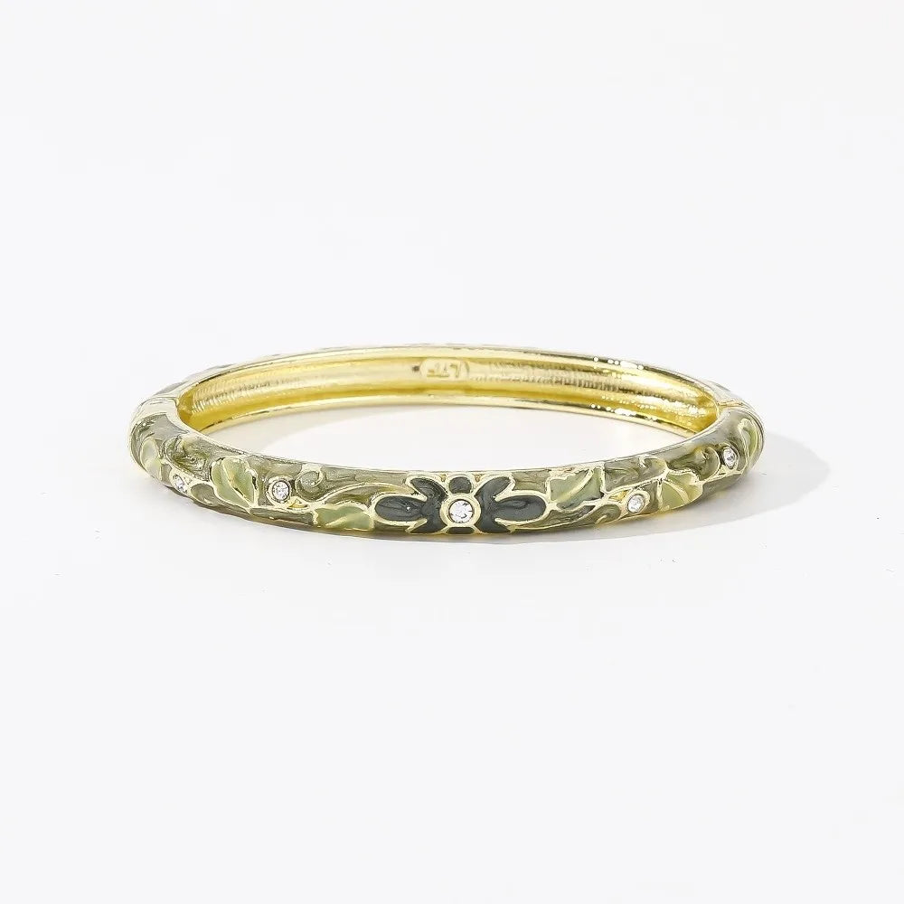 Enamel Cloisonné Bangle – Vintage Chinese Flower Bracelet Enamel Bangle PLUSH Green Grey