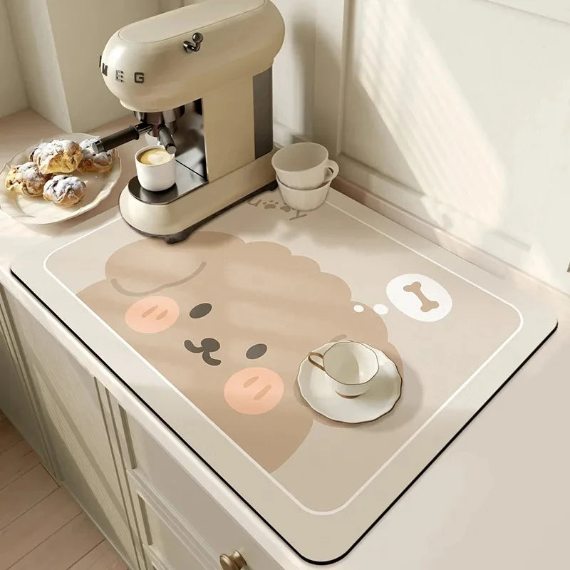 Super Absorbent Dish Drying Mat – Non-Slip Kitchen Drain Pad Dish Drying Mat PLUSH Dog Off-white 60x50cm