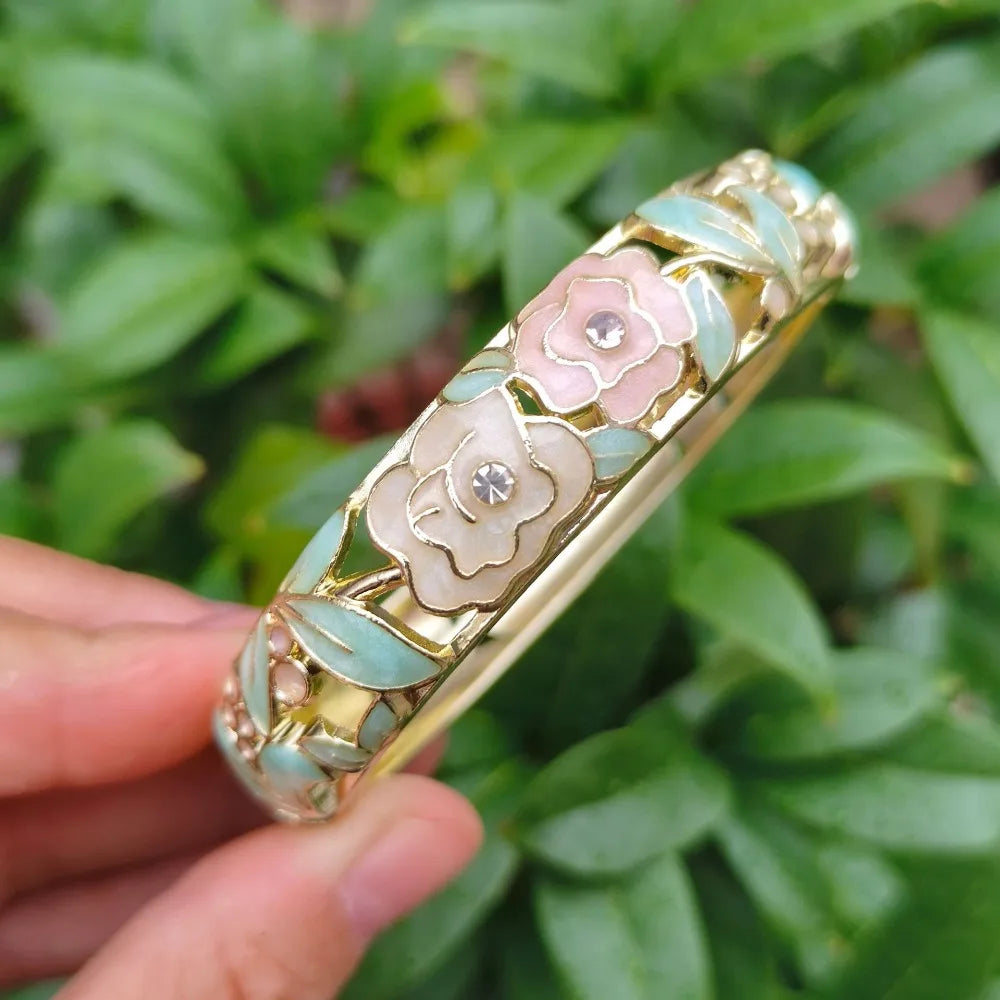 Chinese Cloisonné Enamel Peony Bangle – Filigree Flower Bracelet Enamel Bangle PLUSH 16
