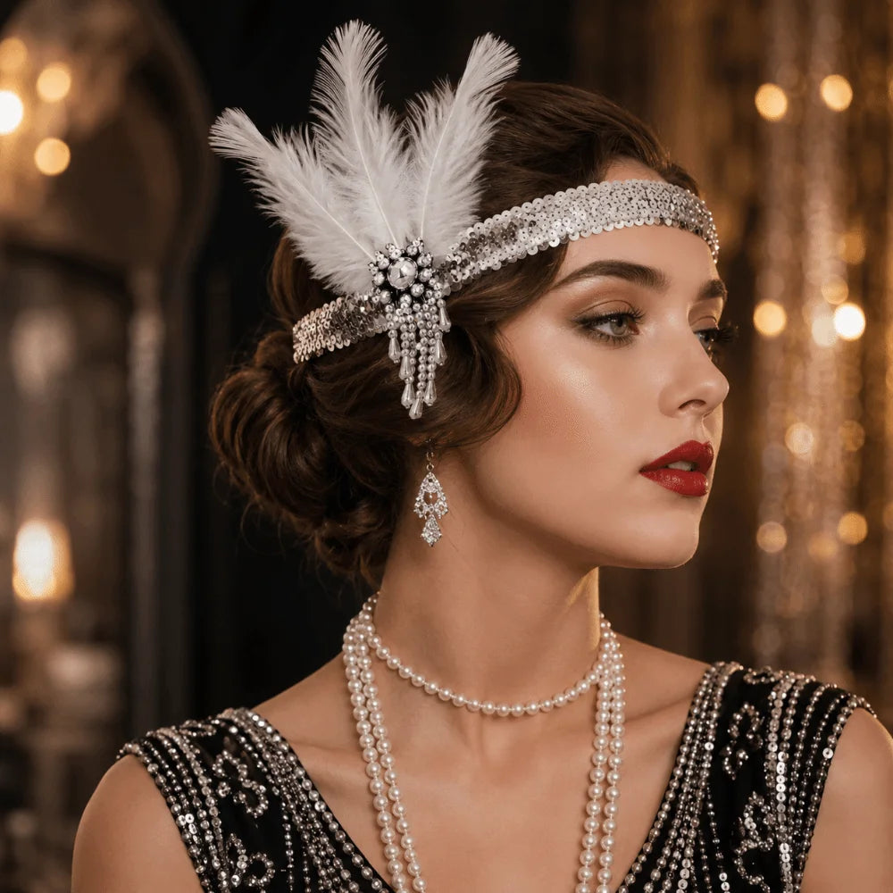 Vintage 1920s Feather Headband – Sequin Rhinestone Headpiece Feather Headband PLUSH