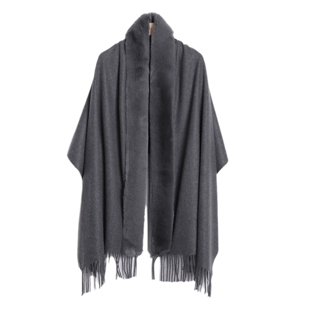 Women's Oversized Faux Fur Collar Shawl Wrap Cape Poncho Faux Fur Shawl Wrap PLUSH Dark Grey