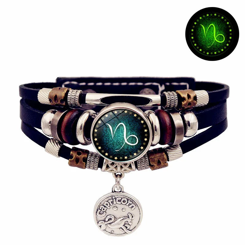 Zodiac Luminous Leather Bracelet – Multilayer Beaded Unisex Charm Bracelet PLUSH 12- Capricorn