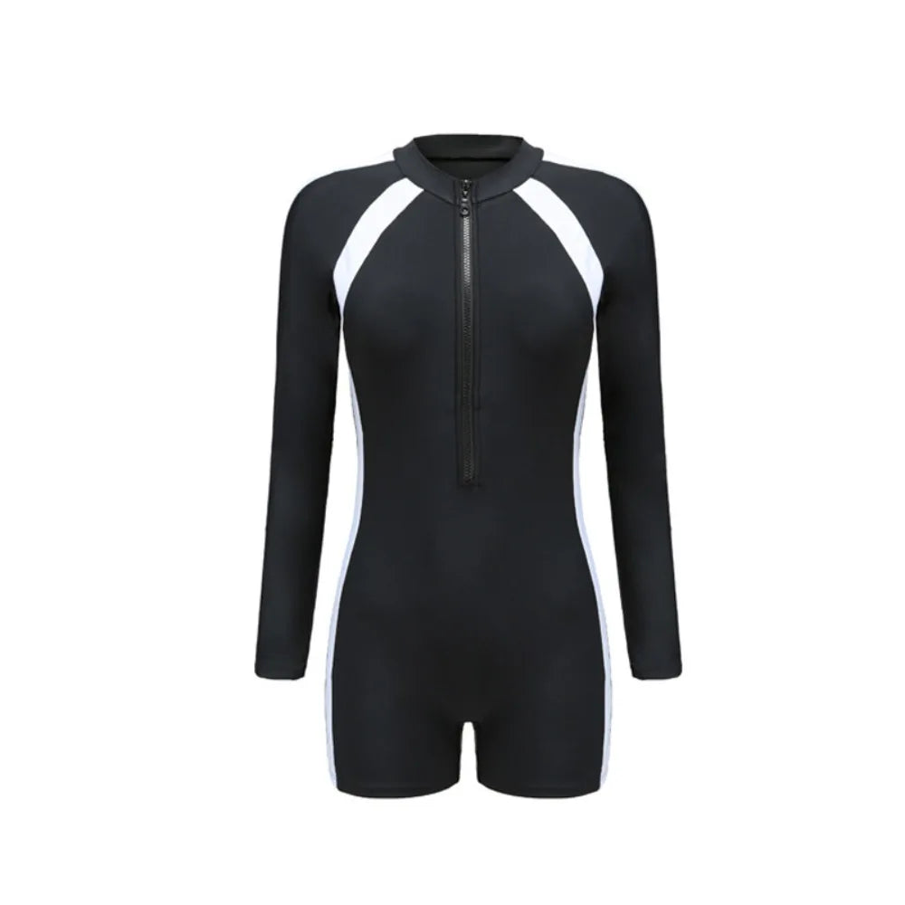 Women's Quick-Dry Long Sleeve One-Piece Swimsuit Black White One-Piece Swimsuit PLUSH Long sleeves XXL