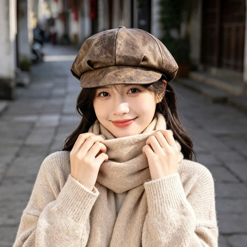 Women's PU Leather Beret Newsboy Cap – British Style Hat Women's Beret Cap PLUSH