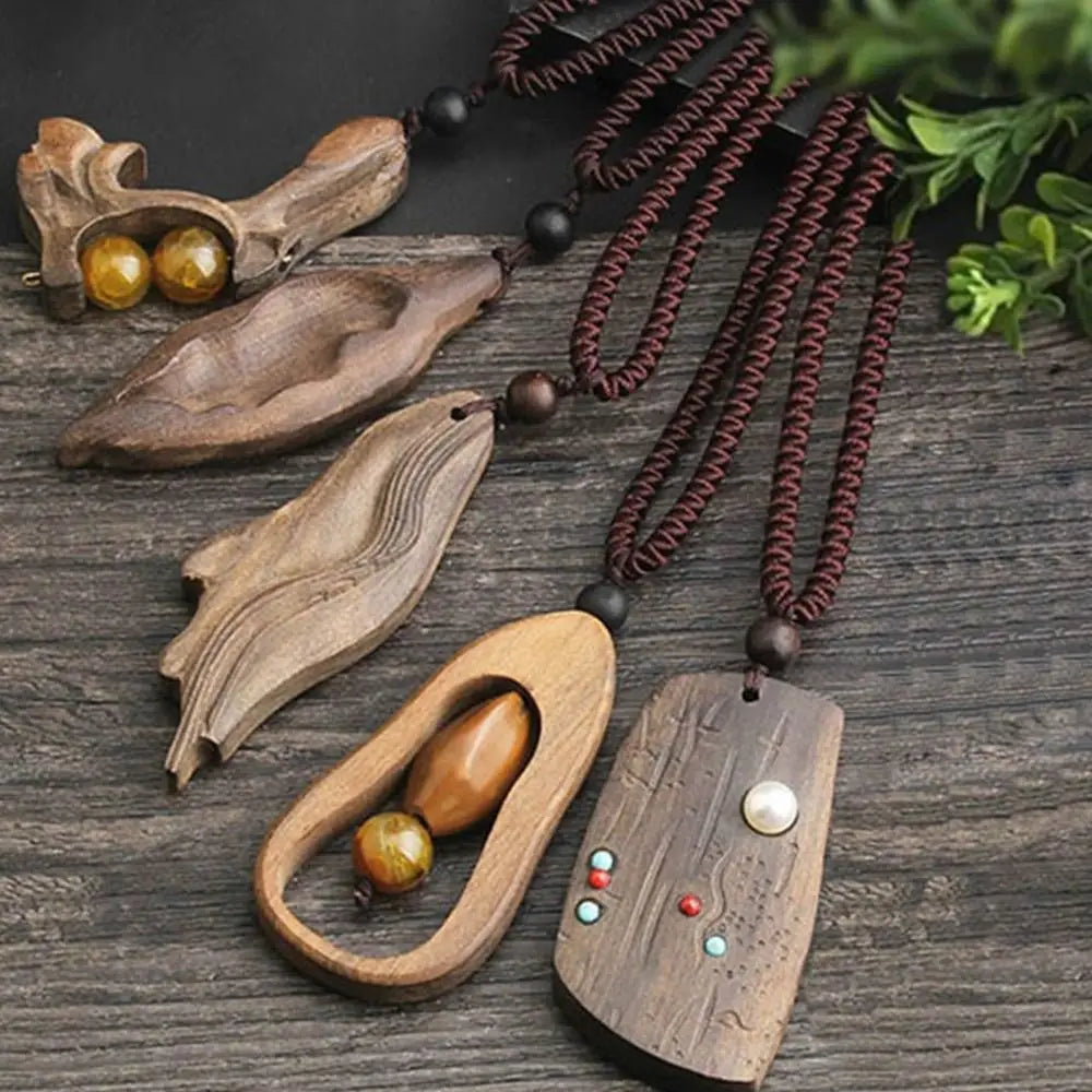Boho Ethnic Stone Pendant Long Wooden Bead Sweater Necklace Boho Pendant Necklace PLUSH