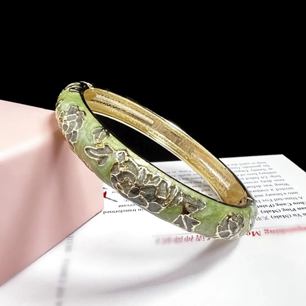 Chinese Cloisonné Enamel Peony Double Bangle Bracelet for Women Enamel Bangle Bracelet PLUSH green