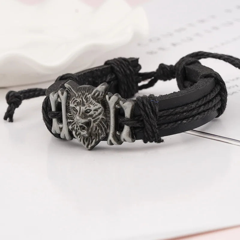 Viking Wolf Head Braided Leather Bracelet – Adjustable Unisex Charm Bracelet PLUSH