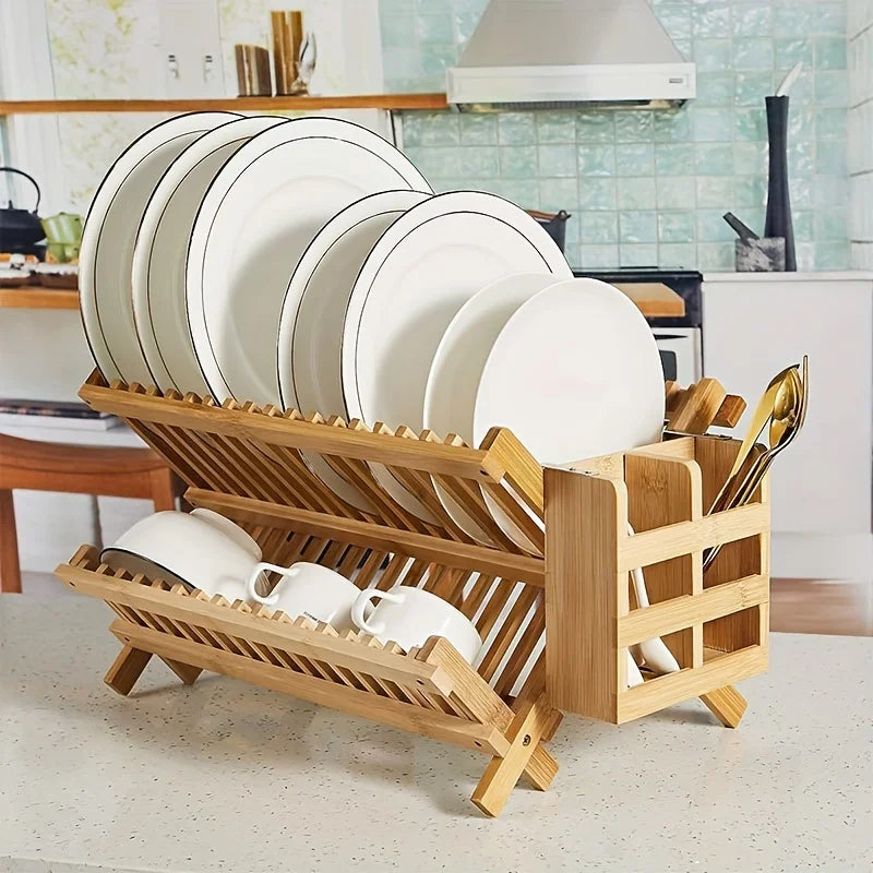 Foldable 2-Layer Bamboo Dish Drying Rack with Utensil Holders Dish Drying Rack PLUSH