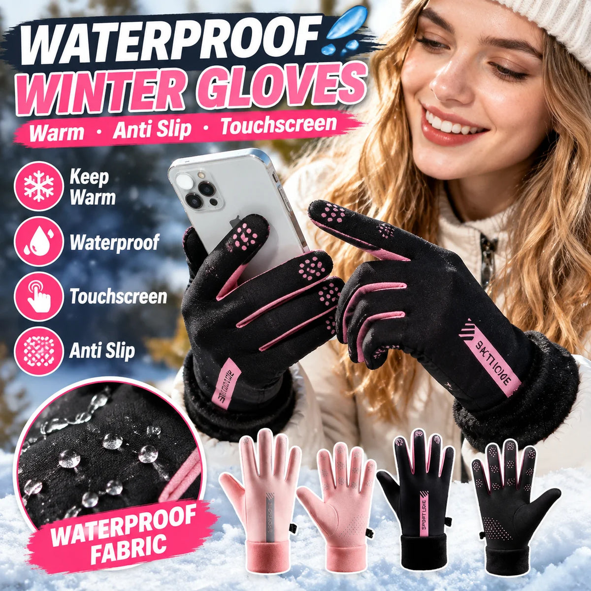 Waterproof Touchscreen Winter Gloves – Unisex Anti-Slip Winter Sports Gloves PLUSH