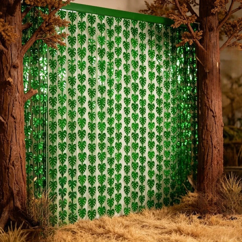 Jungle Leaf Foil Fringe Curtain – Tropical Party Backdrop Party Backdrop Curtain PLUSH