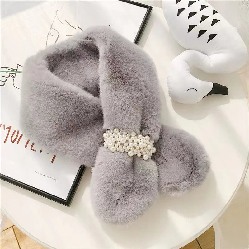 Women's Faux Rabbit Fur Scarf with Pearl Accents | Neck Warmer Faux Fur Scarf PLUSH Grey 1PC