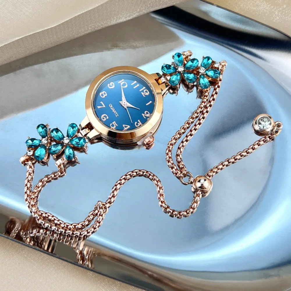 Women's Flower Quartz Bracelet Watch – Double Chain Oval Dial Women's Bracelet Watch PLUSH Lake Blue