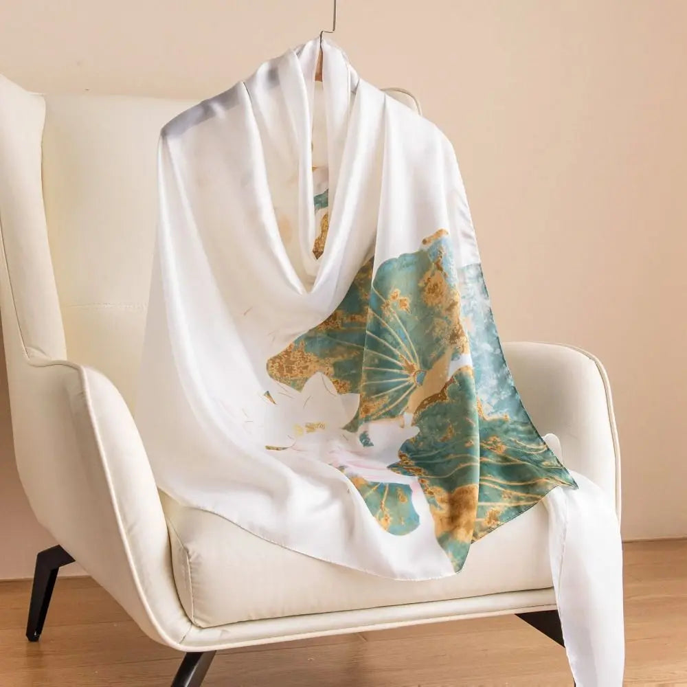 Women's Silk Chiffon Scarf – Lotus Print Shawl Wrap | 180cm Silk Chiffon Scarf PLUSH