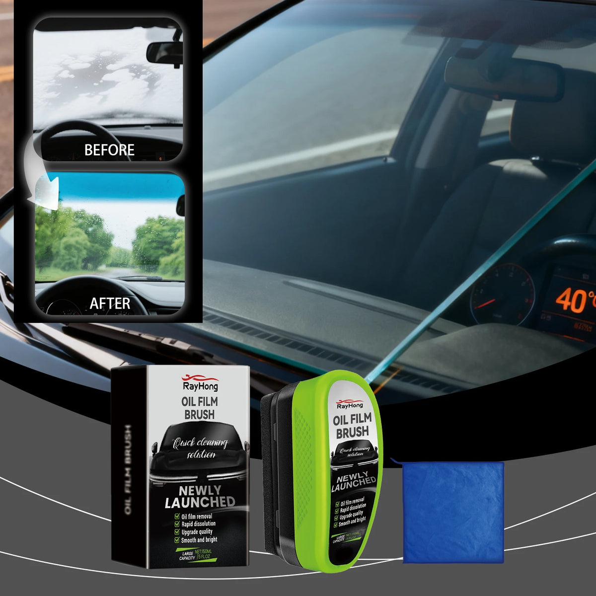 RayHong Car Glass Oil Film Cleaning Brush – 150ml Kit Auto Glass Cleaner PLUSH