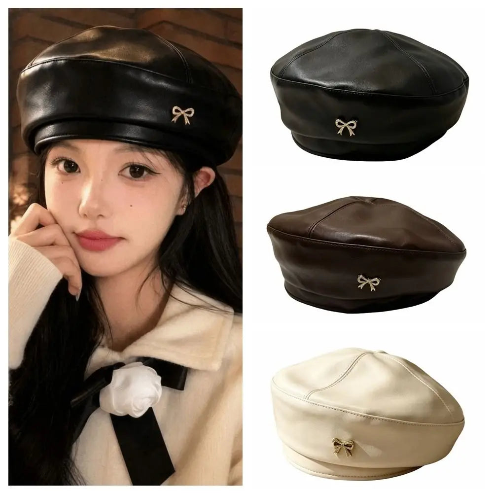 Women's PU Leather Bow Beret | British Newsboy Cap All Seasons Women's Beret Hat PLUSH