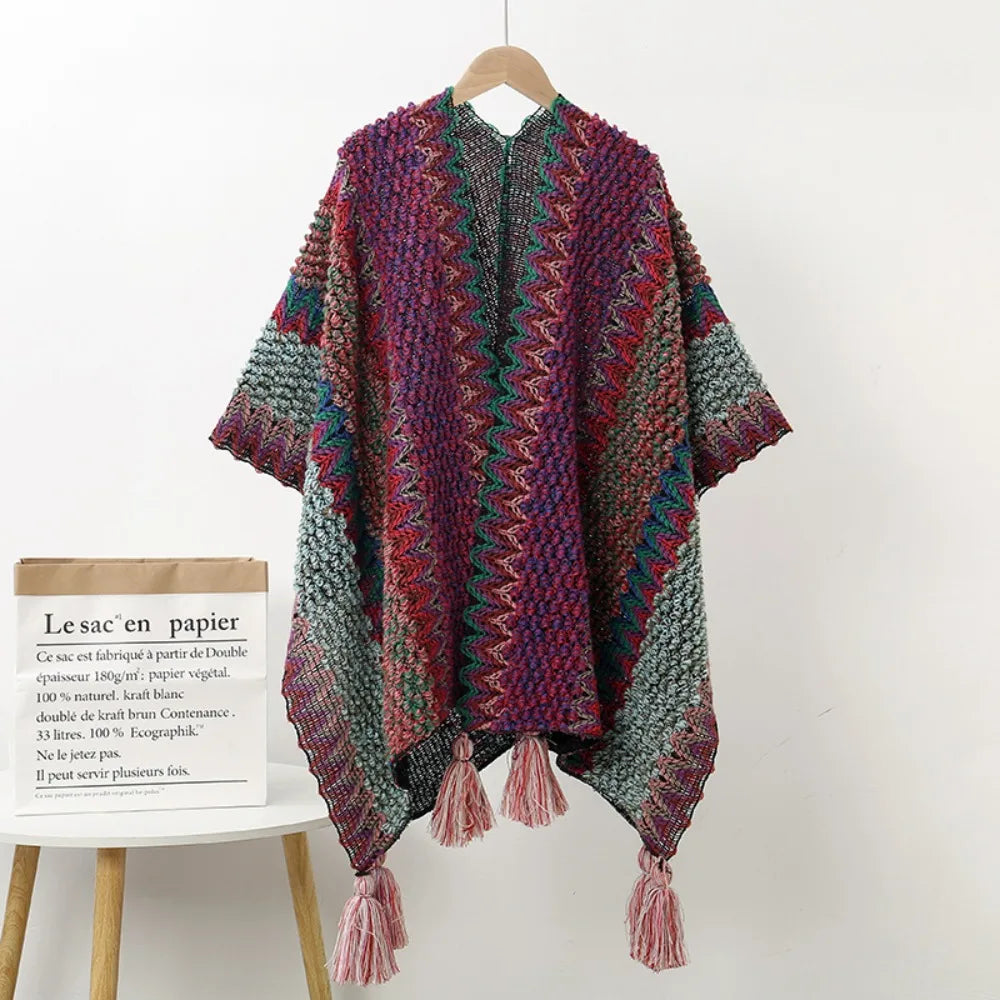 Women's Bohemian Knit Tassel Poncho Shawl – Ethnic Cape Wrap Knit Poncho Cape PLUSH Style 2