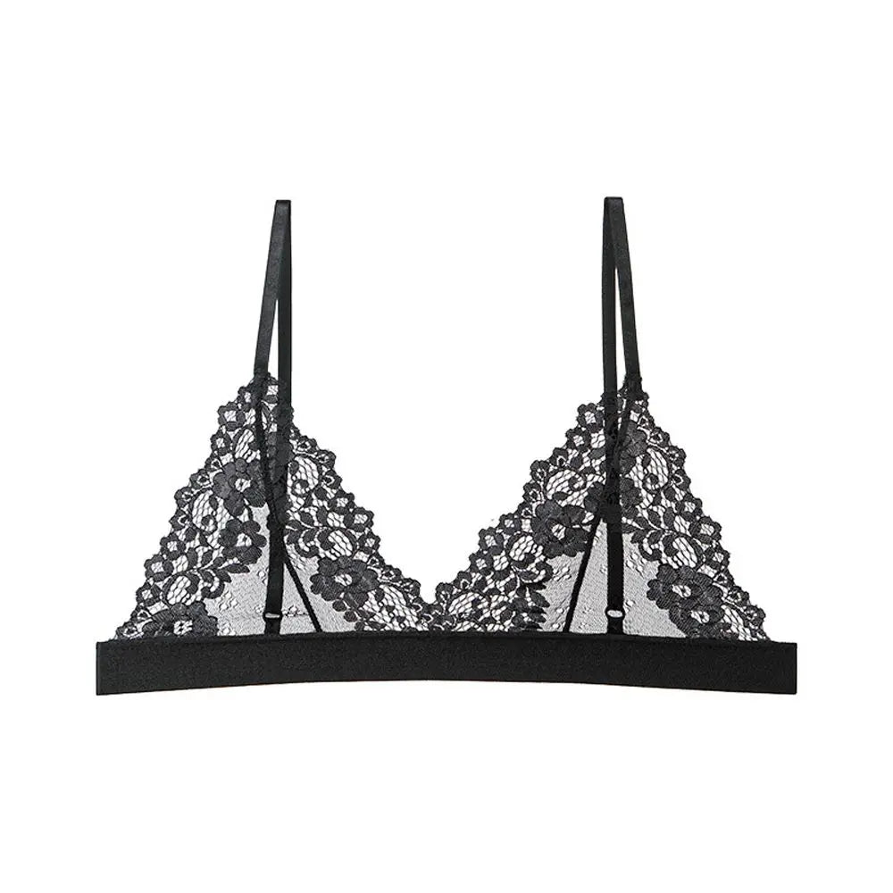 Women's Wire-Free Floral Lace Bralette – Triangle Cup Bra Lace Bralette PLUSH black-L