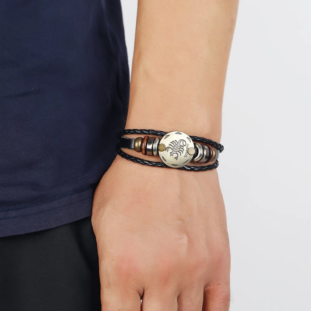 Retro Zodiac Constellation Leather Charm Bracelet – 12 Signs Leather Charm Bracelet PLUSH