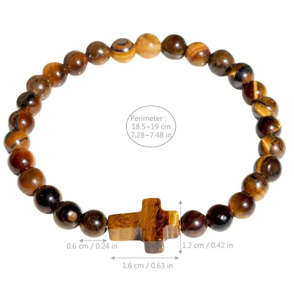 Vintage Tiger's Eye Cross Bracelet – Unisex Spiritual Jewelry Beaded Charm Bracelet PLUSH