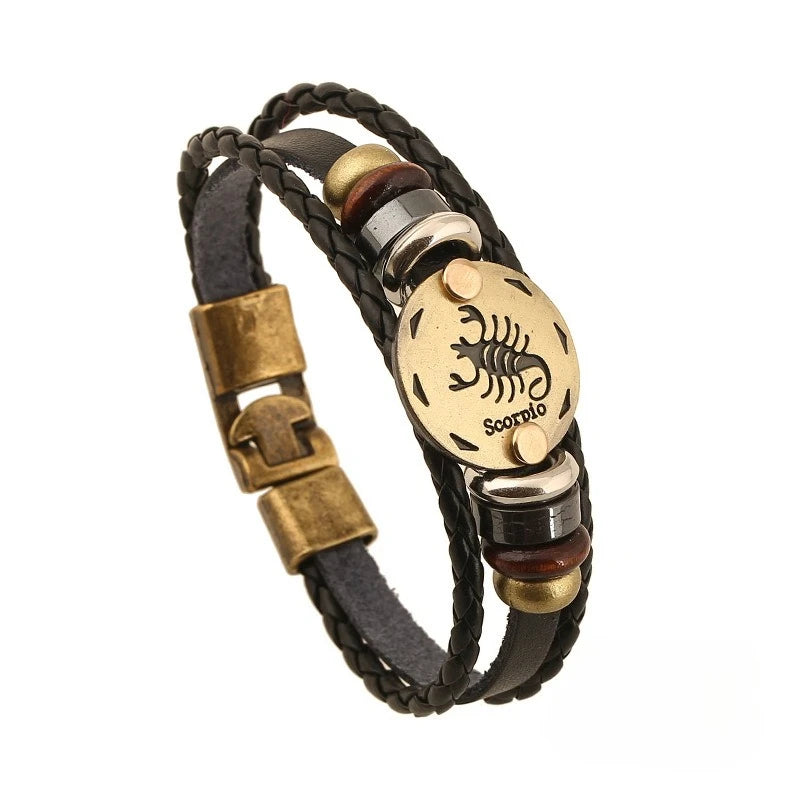 Retro Zodiac Constellation Leather Charm Bracelet – 12 Signs Leather Charm Bracelet PLUSH Scorpio