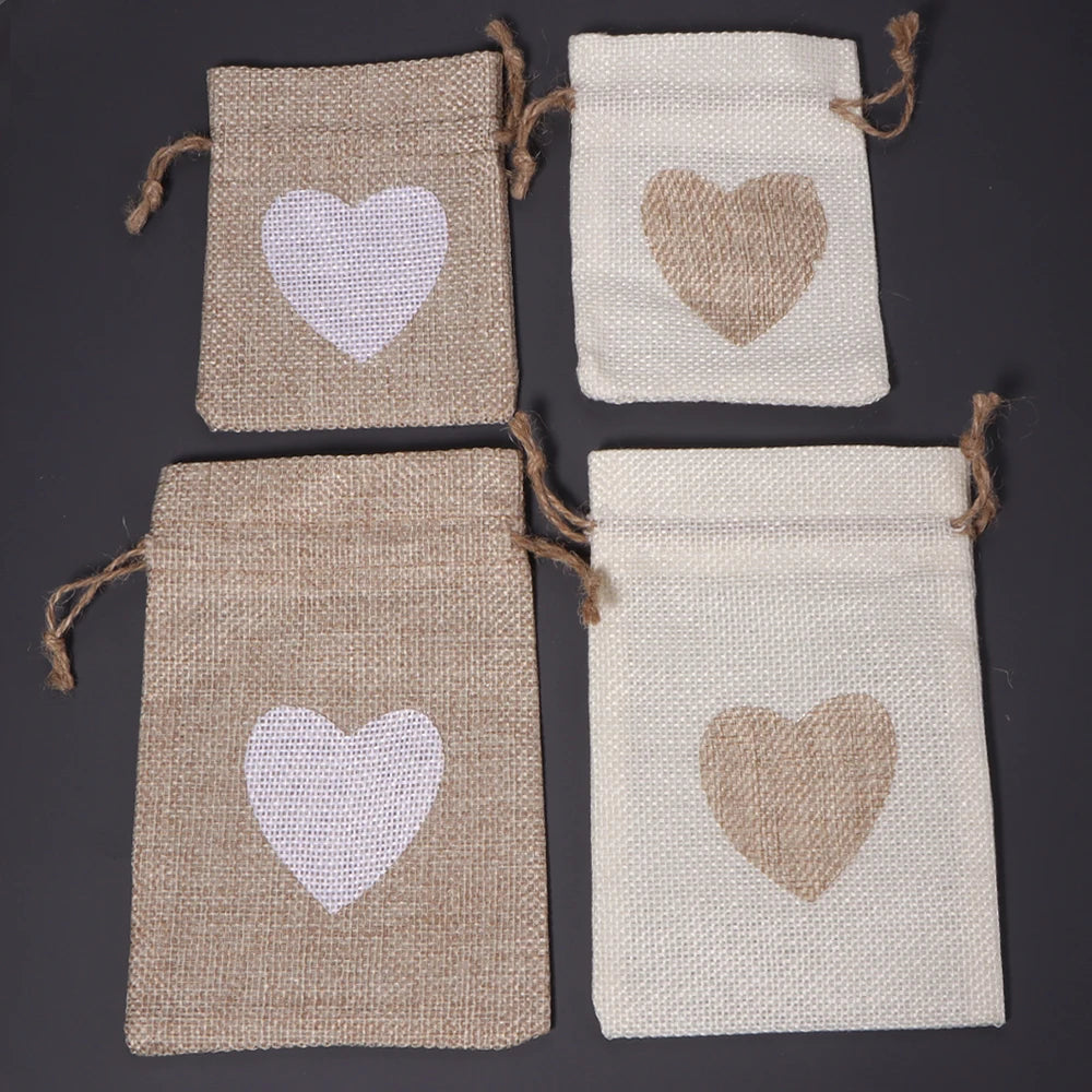 5pcs Heart Burlap Drawstring Gift Bags – Jute Wedding Pouches Burlap Gift Bags PLUSH