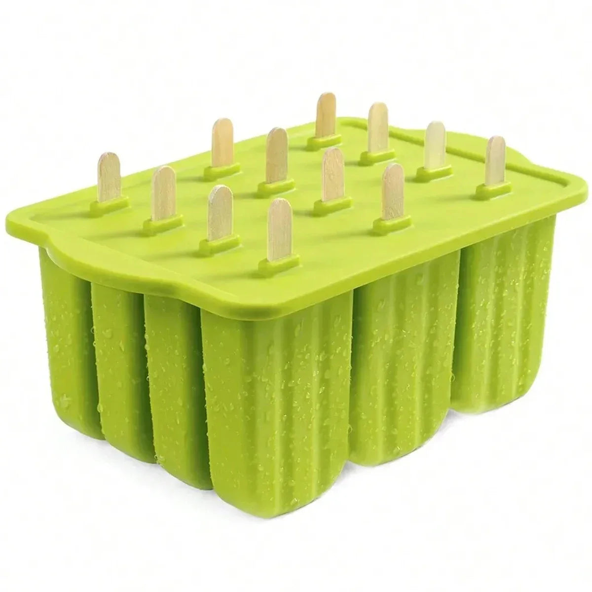 Silicone Popsicle Molds 12-Piece Set + 50 Wooden Sticks Popsicle Mold Set PLUSH Green A