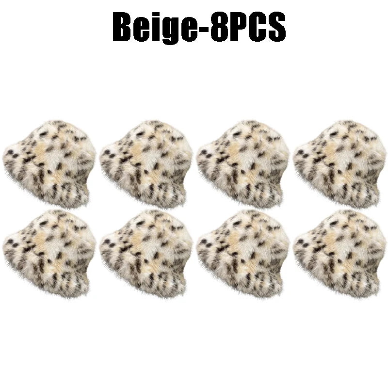 Women's Puffy Faux Fur Bucket Hat | Leopard Print Winter Hat Faux Fur Bucket Hat PLUSH Beige-8PCS