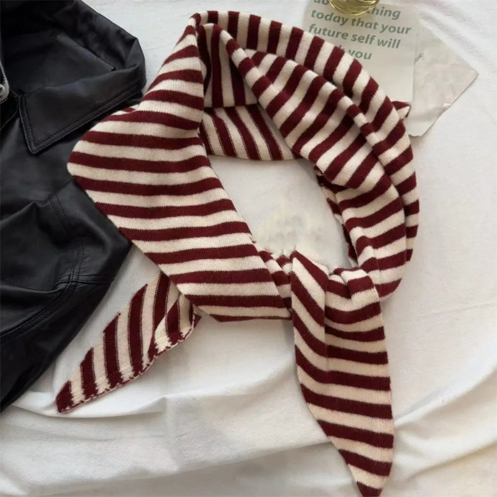 Women's Knitted Triangle Shawl Scarf – Windproof Warm Wrap Knitted Shawl Scarf PLUSH Dark Red Stripes