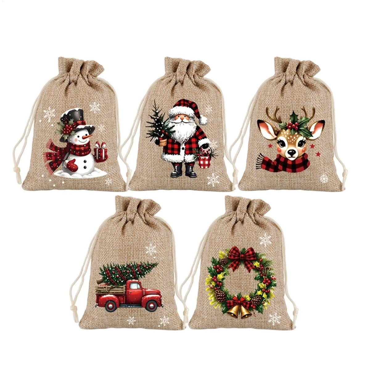 5pcs Christmas Burlap Drawstring Gift Bags | DIY Craft Pouches Drawstring Gift Bags PLUSH