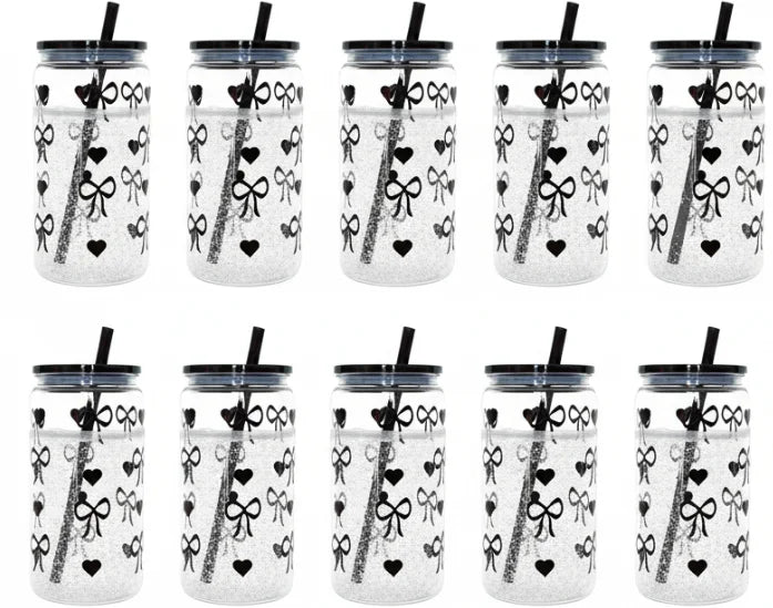 500ml Black Bow-Shaped Plastic Cup with Lid & Straw Plastic Straw Cup PLUSH 10PCS
