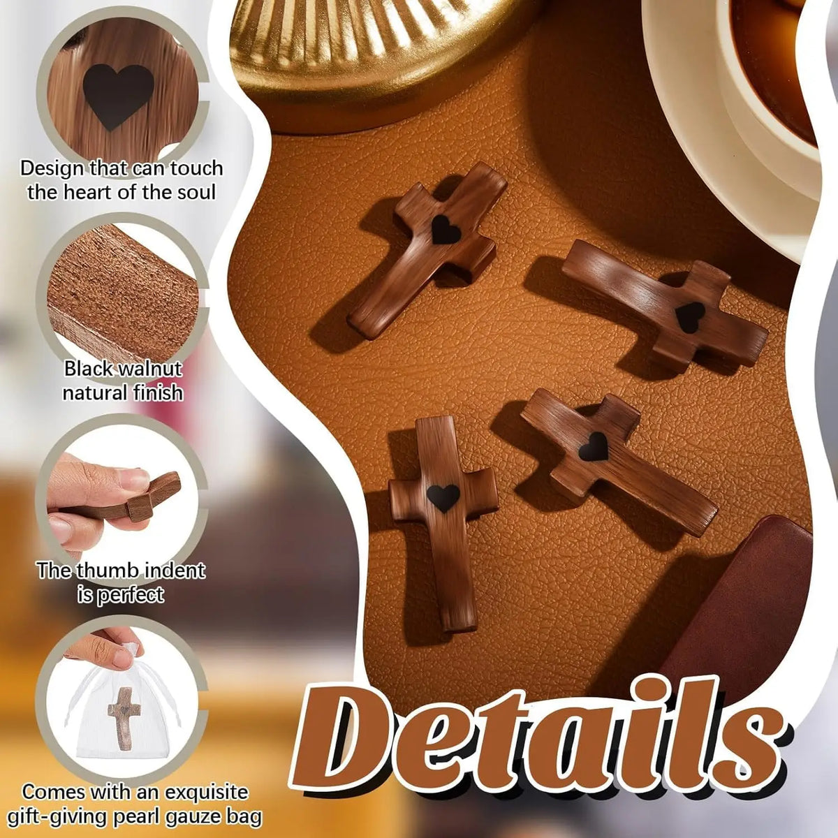 Handmade Wooden Pocket Cross 3pcs Set with Organza Bags | Gift Religious Wood Craft PLUSH
