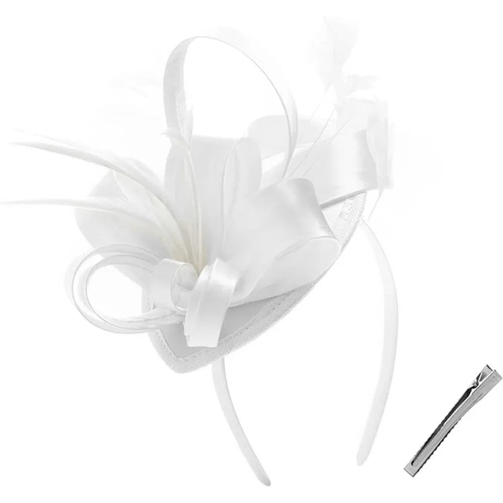 Sweet Bow Feather Fascinator Headband | Tea Party Hair Hoop Fascinator Headband PLUSH White