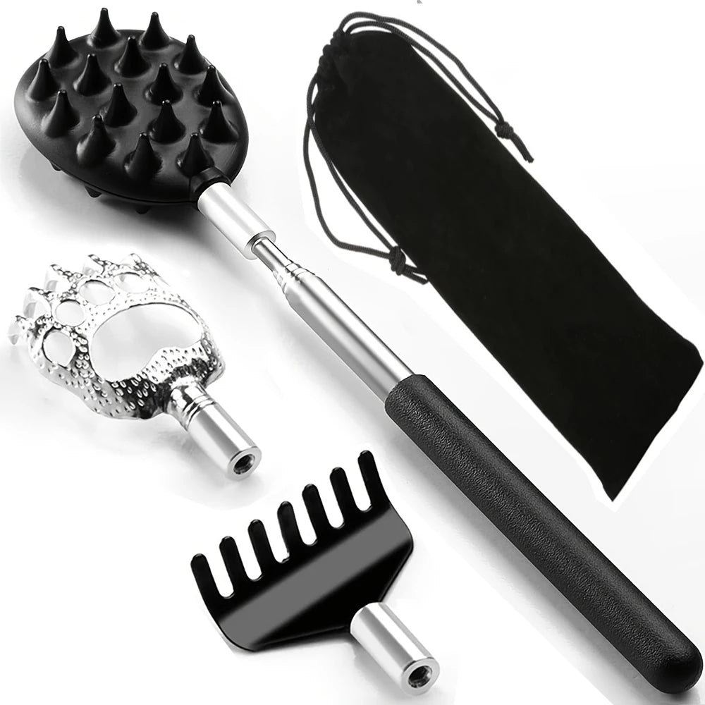 Telescoping Back Scratcher 3/5 Detachable Heads – Extendable Back Scratcher Tool PLUSH 3 in 1 With Bag