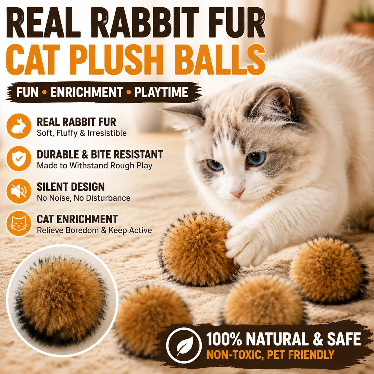 Rabbit Fur Cat Toy Ball – Silent Interactive Indoor Cat Toy Cat Toy Ball PLUSH