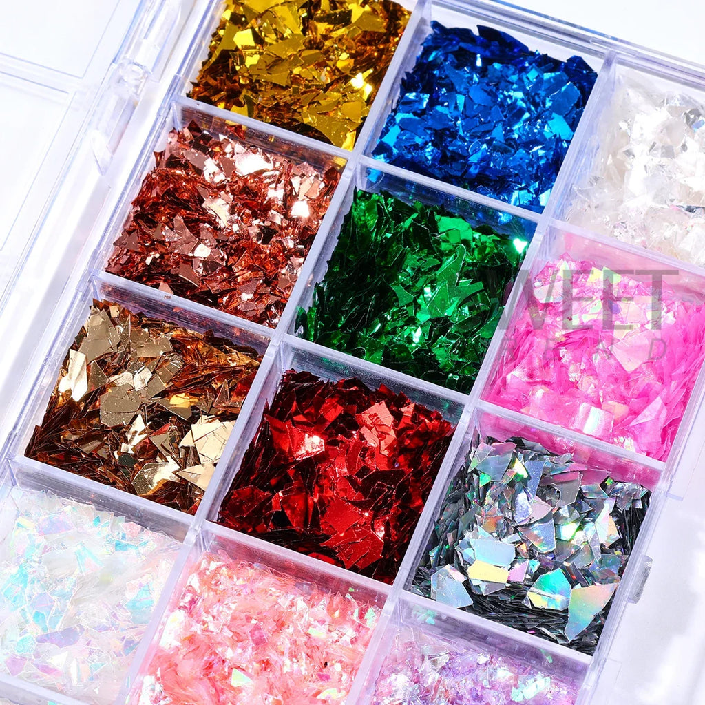 15-Grid Iridescent Broken Glass Nail Glitter Flakes | Aurora Sequins Nail Art Glitter PLUSH