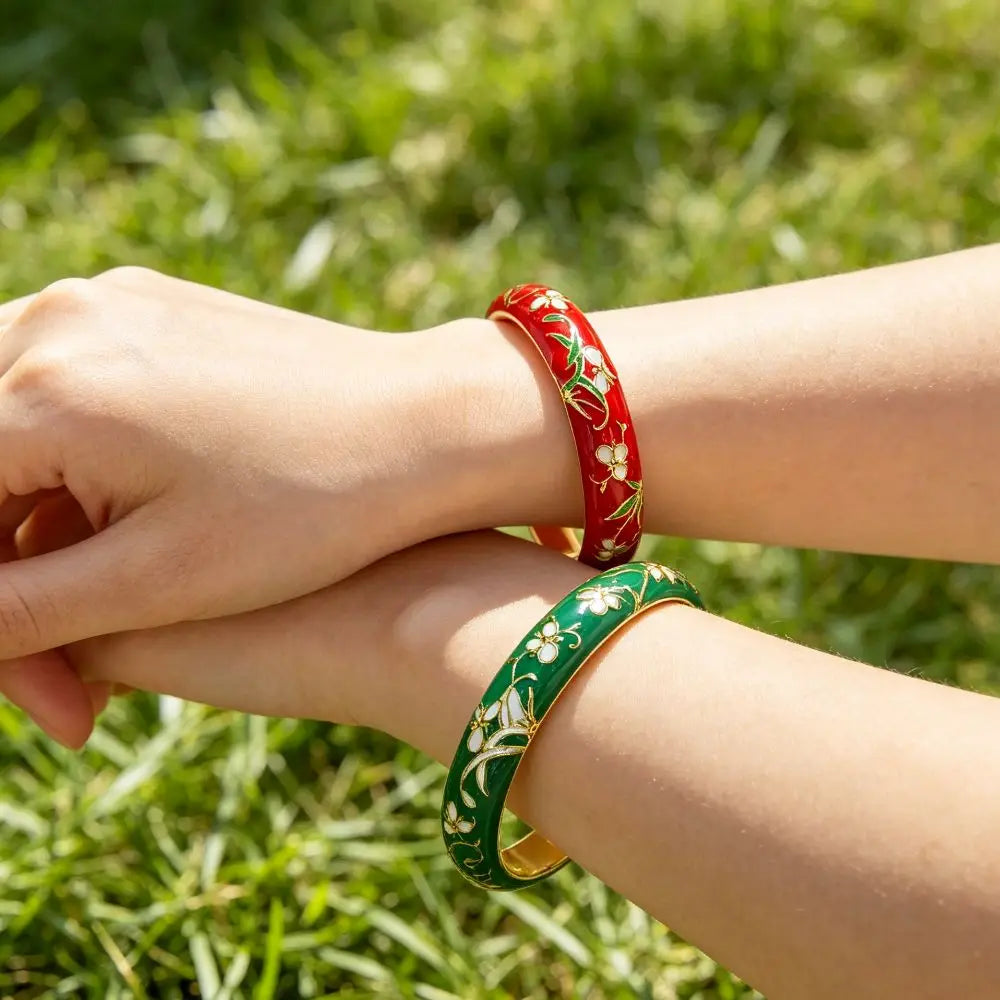 Cloisonné Enamel Bangle | Gold-Trimmed Floral Ethnic Bracelet Enamel Bangle Bracelet PLUSH