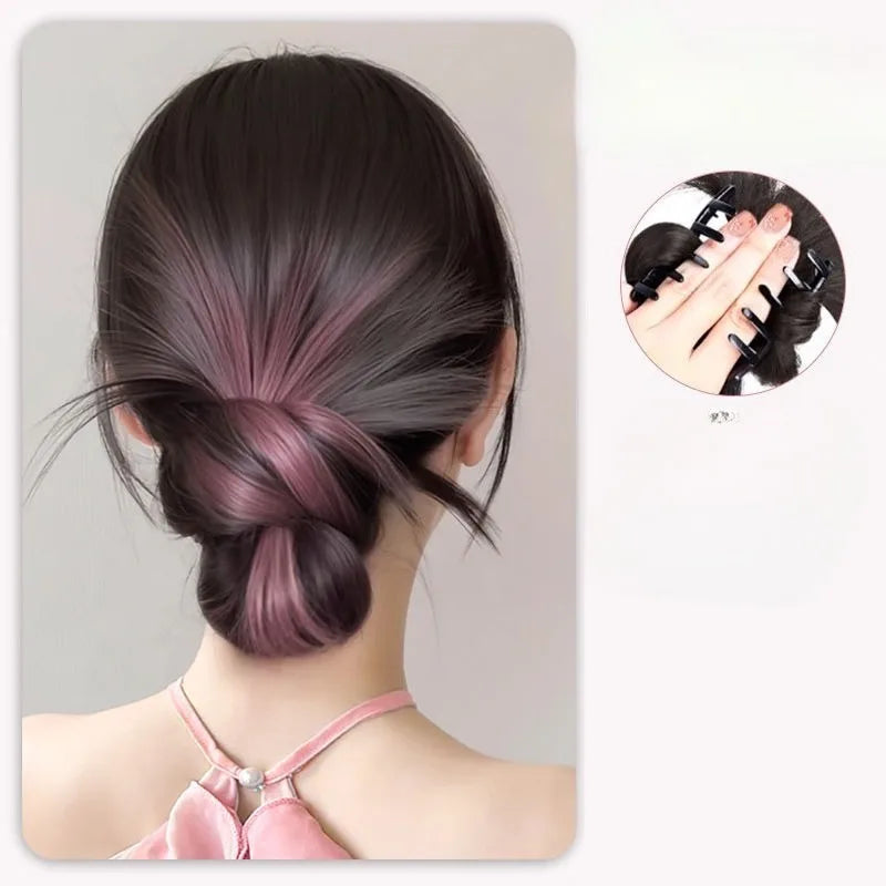 Synthetic Half-Tie Hair Bun Claw Clip Floral Accents Pink Black Clip-On Hair Bun PLUSH