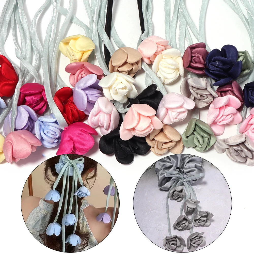 5pcs Satin Ribbon Rose Flower Strings – DIY Hair & Craft Decor Ribbon Flower Trim PLUSH
