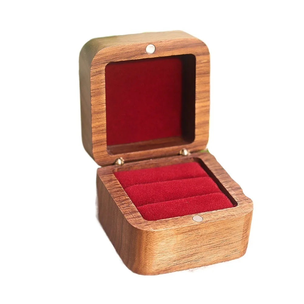 Wood Ring Box 1/2 Slot Square Jewelry Display Case for Weddings Ring Display Box PLUSH Red Double Ring