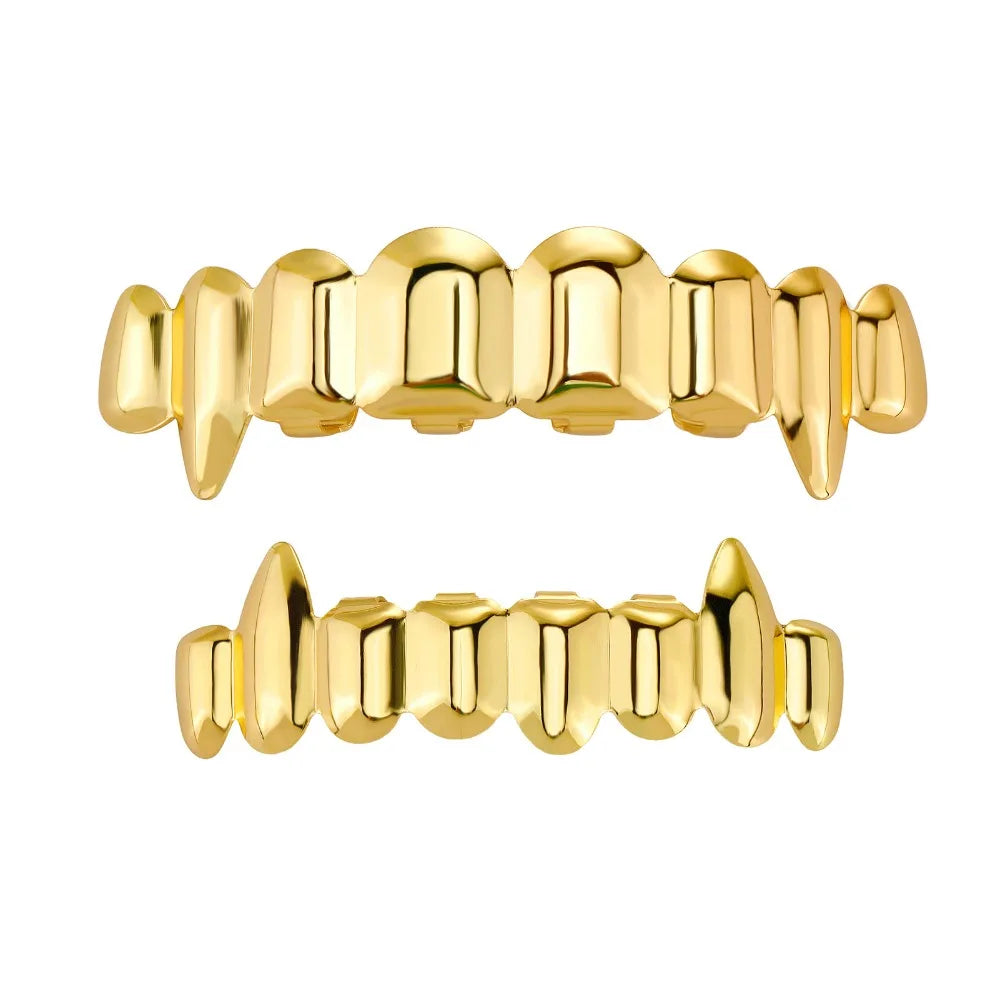 Hip Hop Teeth Grillz Top & Bottom Set – 18K Gold Fangs Costume Teeth Grillz PLUSH Style 1 Gold