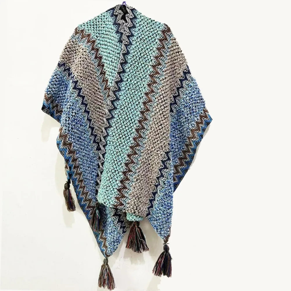 Women's Bohemian Knit Tassel Poncho Shawl – Ethnic Cape Wrap Knit Poncho Cape PLUSH Style 13