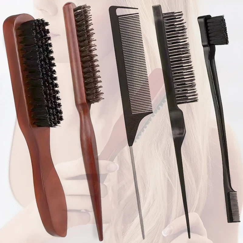 Wild Boar Bristle Hair Brush & Comb Set – Edge Control Styling Hair Brush Set PLUSH 5pcs