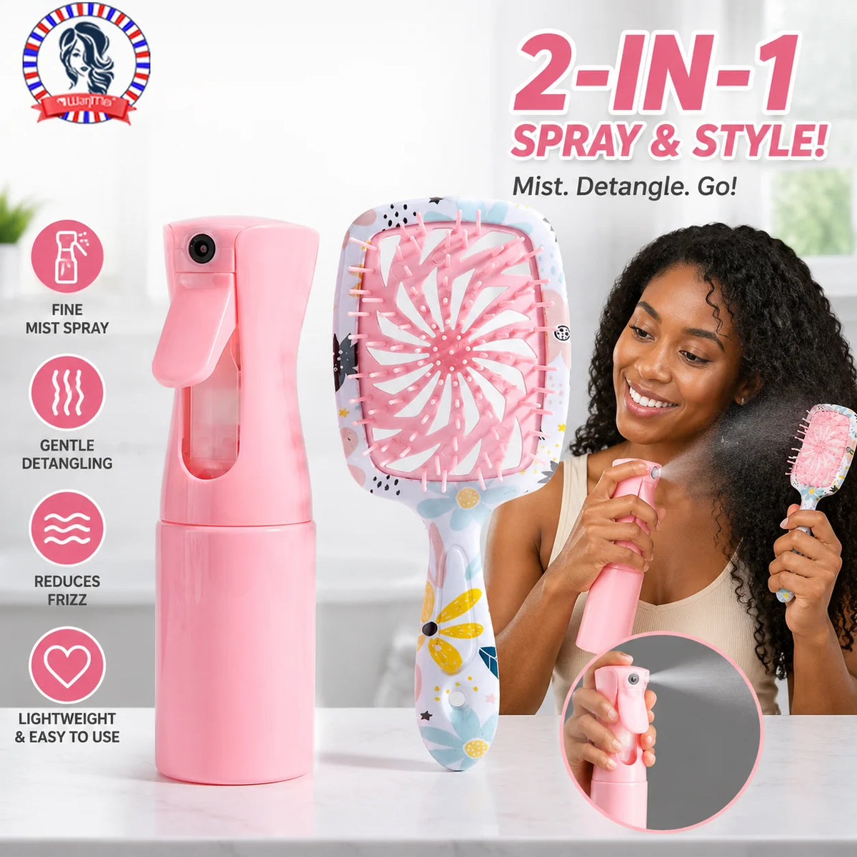 2-Piece Hair Styling Set: Fine Mist Spray Bottle & Detangling Brush Hair Styling Set PLUSH