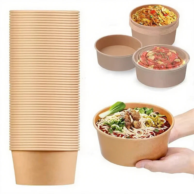 Kraft Paper Round Bowls with Lids – Disposable Bento Box Disposable Food Containers PLUSH