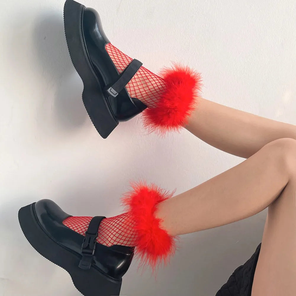 Y2K Feather Fishnet Stockings – Furry Ruffle Mid Tube Socks Fishnet Costume Socks PLUSH Red 35-39