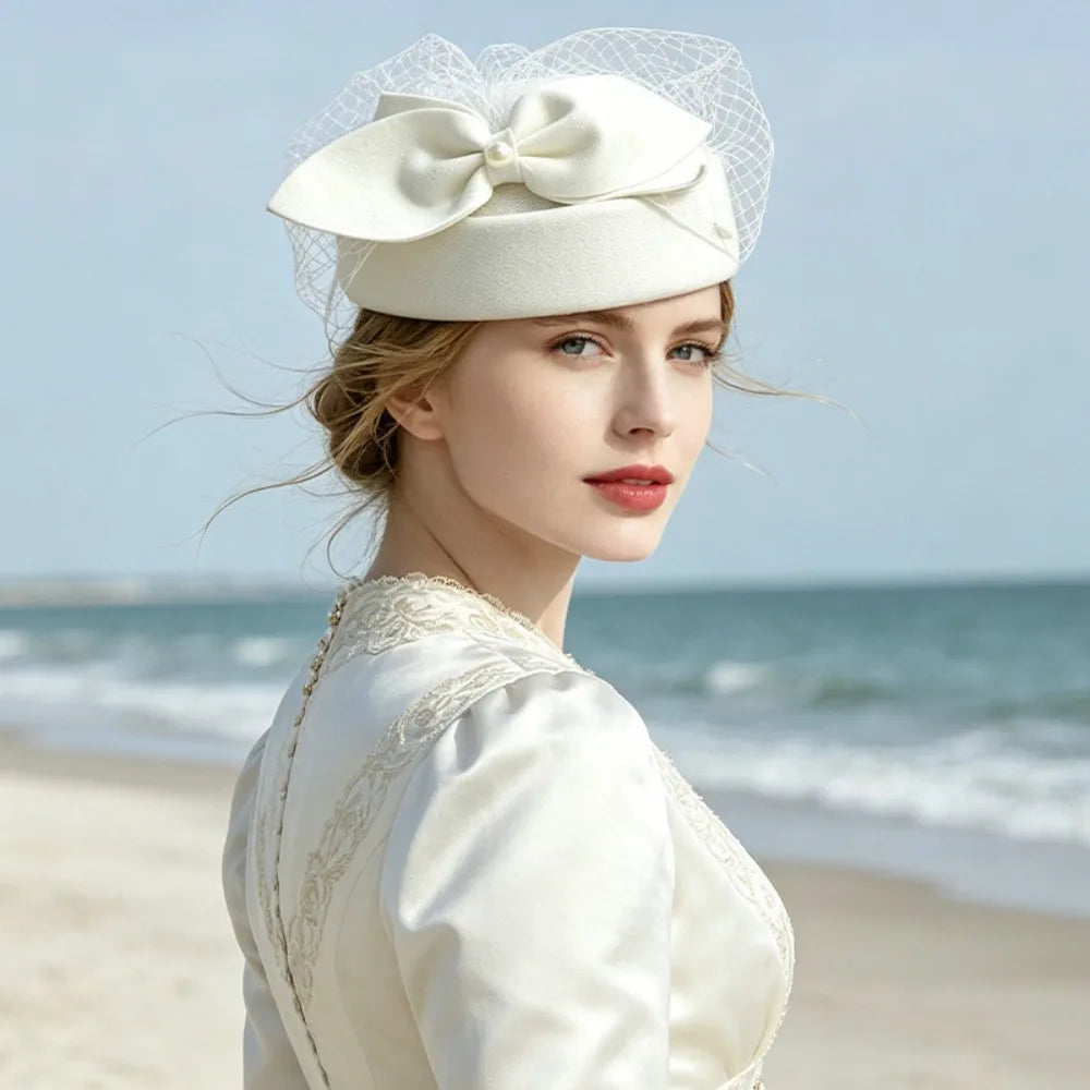 Women's Elegant Pearl Bow Fedora Top Hat | Party & Fashion Women's Fashion Hat PLUSH White